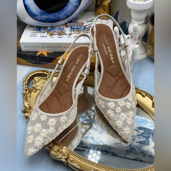 🆕 KURT GEIGER LONDON 🧿 NWOB Belgravia Floral Mesh Sling Back Heel, Cream Sz 7 - Picture 6 of 15